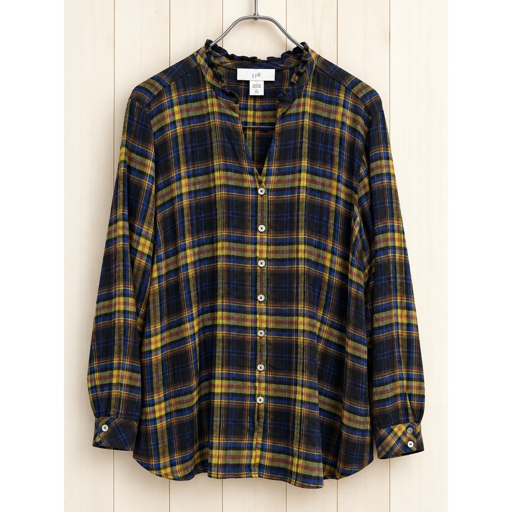 J. Jill XL Tall Plaid Ruffle Neck Button Front Blouse Blue Yellow Black Tunic